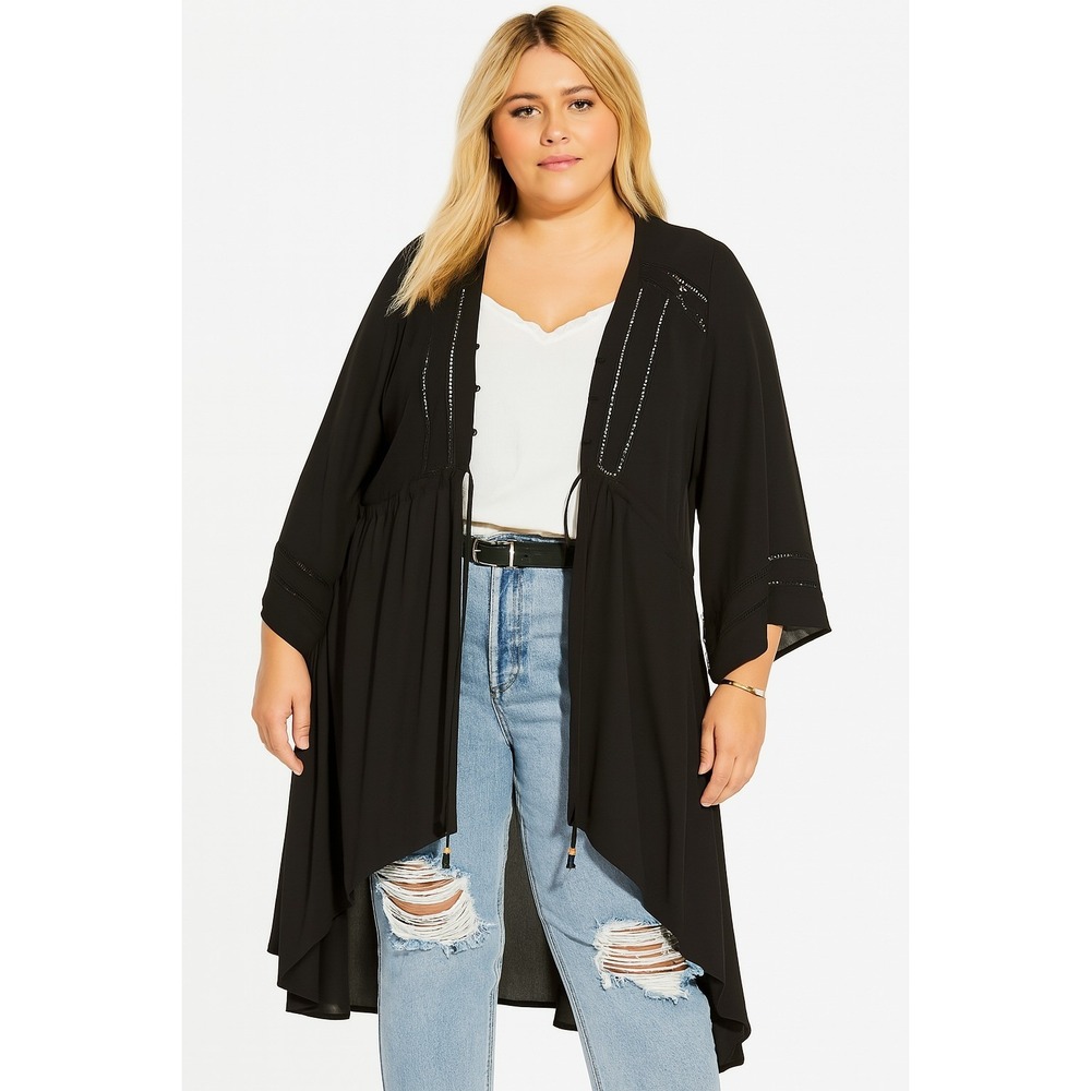 City Chic Black Duster Jacket Sophie Size M 18 Plus SIze High Low Hemline Floaty